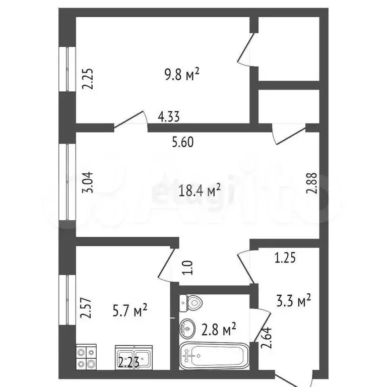 2-к. квартира, 42,6 м, 2/5 эт. - Фото 0