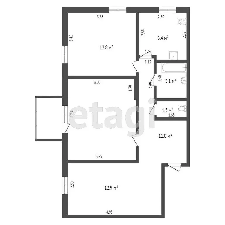 3-комнатная квартира: Ялуторовск, улица Ленина, 46 (60.6 м) - Фото 1