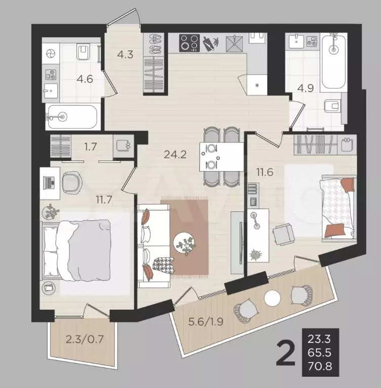 2-к. квартира, 66 м, 3/3 эт. - Фото 1