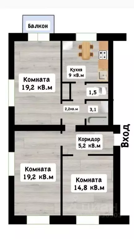 3-к кв. Самарская область, Новокуйбышевск ул. Миронова, 10 (75.5 м) - Фото 2