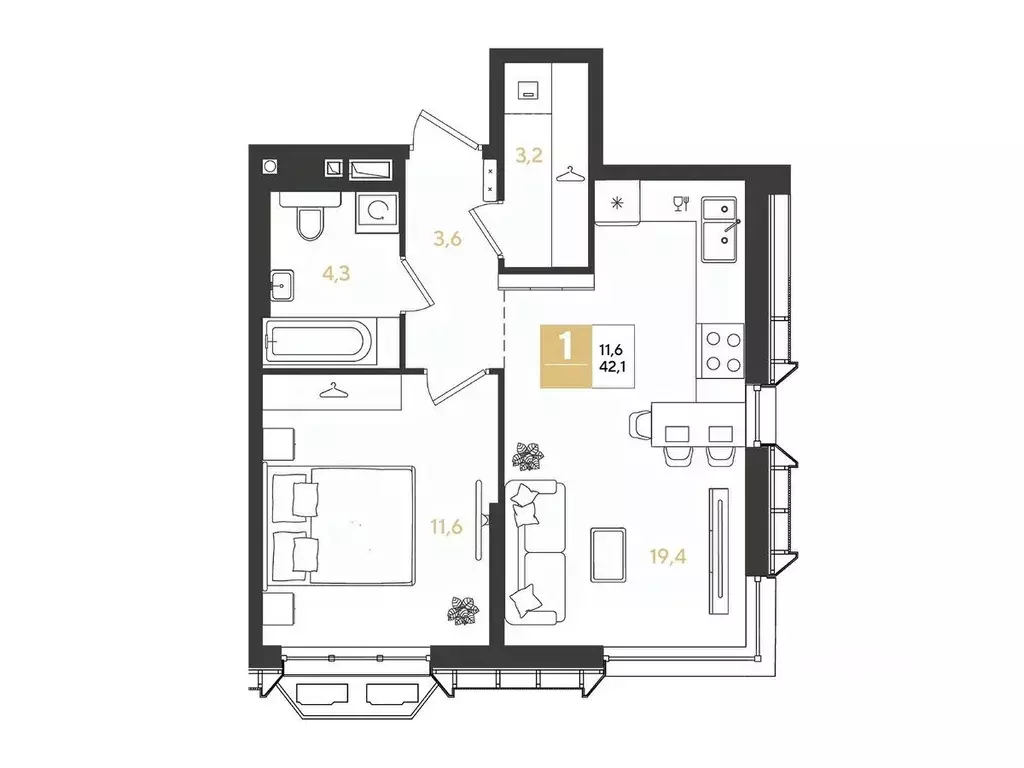 1-к кв. Краснодарский край, Краснодар Самолет кв-л,  (42.1 м) - Фото 1