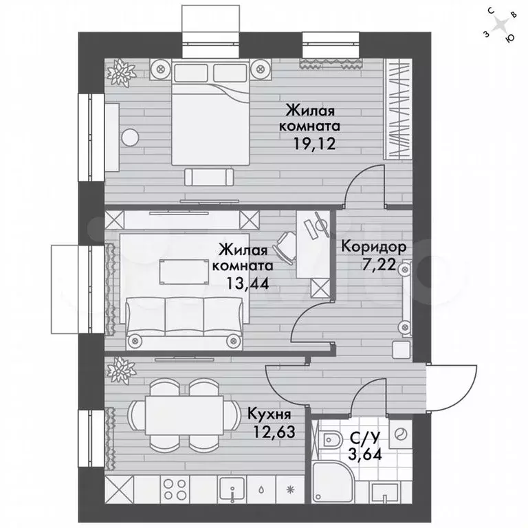 2-к. квартира, 56,1м, 3/4эт. - Фото 0