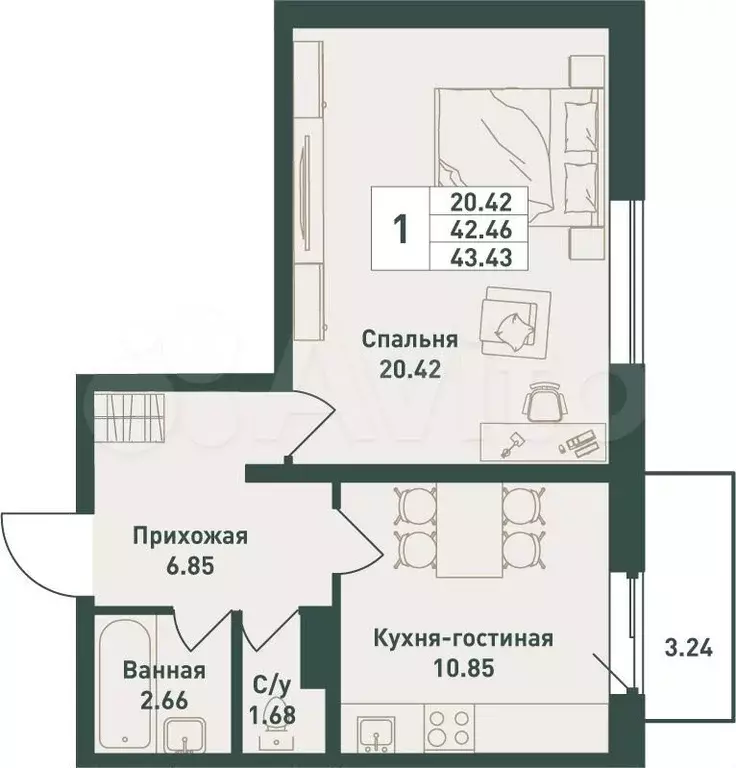 1-к. квартира, 43,4 м, 2/16 эт. - Фото 0