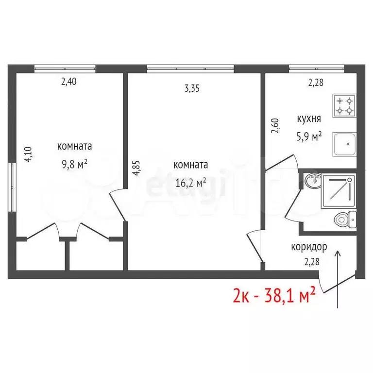 2-к. квартира, 38,1 м, 2/2 эт. - Фото 1