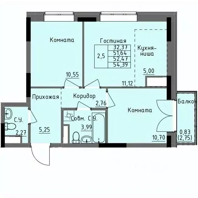 2-к кв. Удмуртия, Ижевск Строитель жилрайон, 4-й мкр,  (52.47 м) - Фото 0
