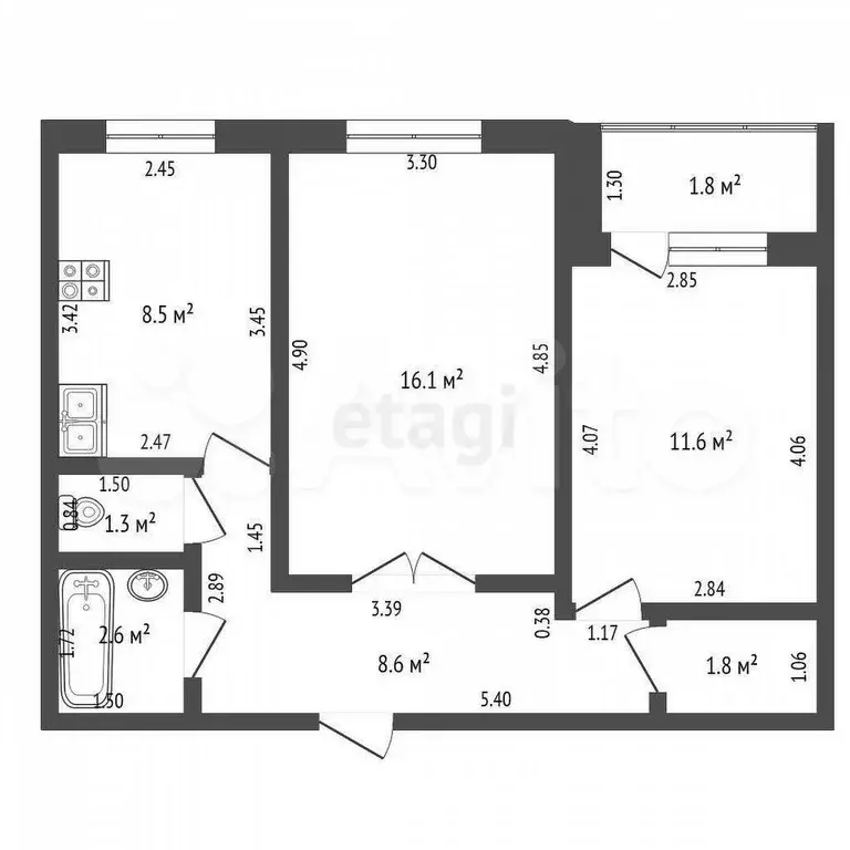 2-к. квартира, 50,5 м, 6/9 эт. - Фото 1