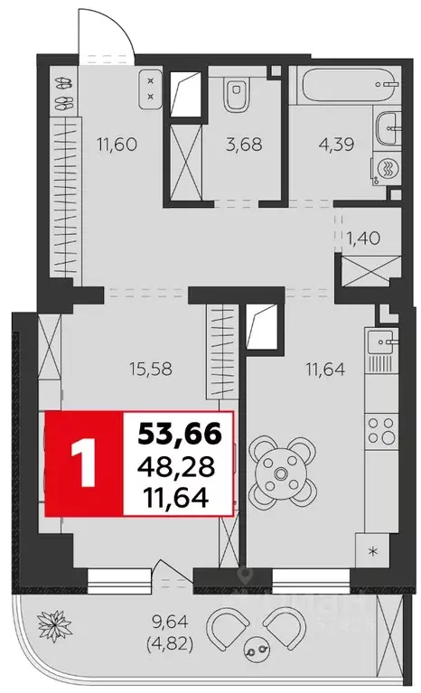 1-к кв. Ростовская область, Батайск ул. Воровского, 53 (53.66 м) - Фото 1