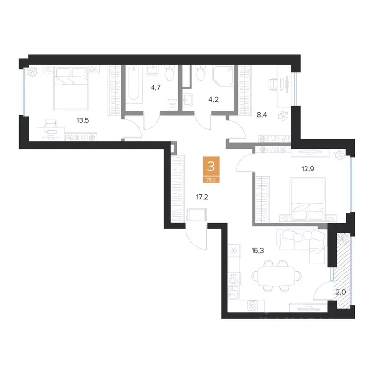 3-к кв. Курская область, Курск Парковый квартал Чувства жилой комплекс ... - Фото 1