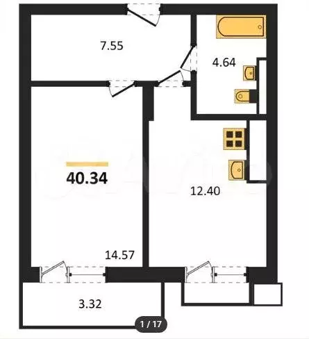 1-к. квартира, 40,3 м, 7/7 эт. - Фото 1
