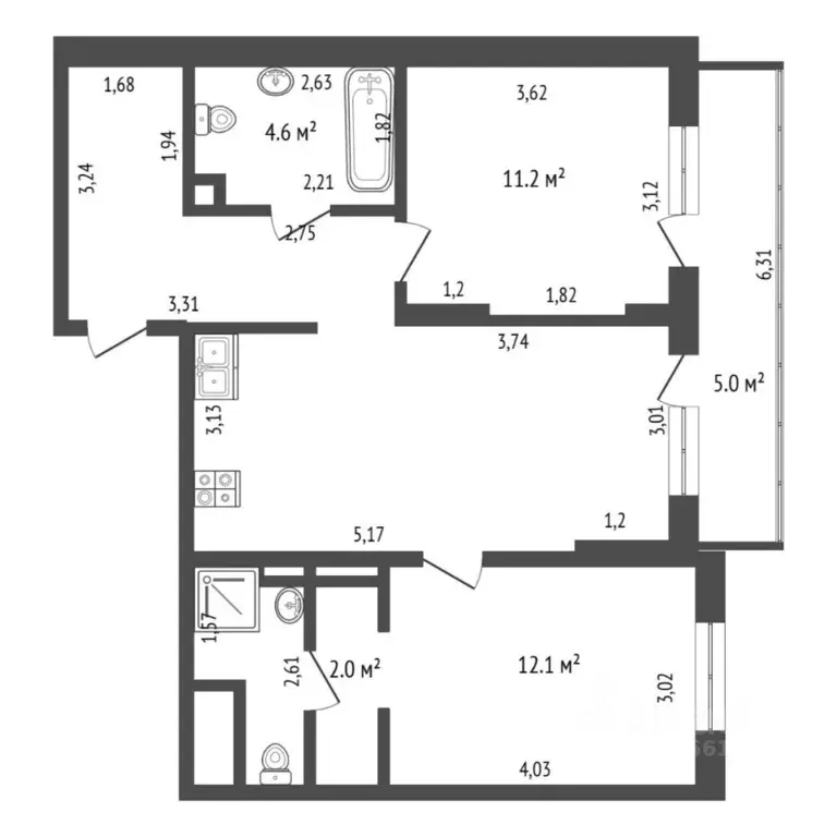2-к кв. Тюменская область, Тюмень Интернациональная ул., 199к9 (62.7 ... - Фото 1