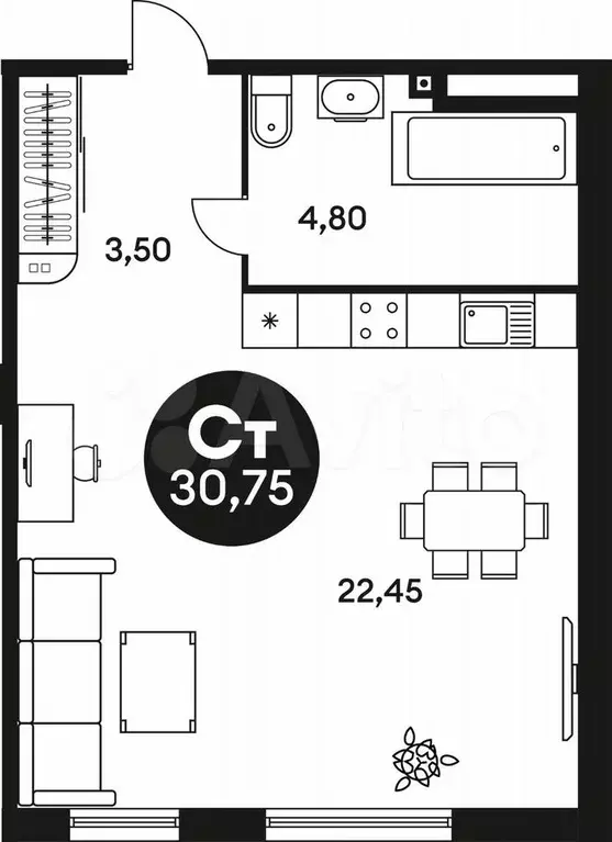 Апартаменты-студия, 30 м, 15/15 эт. - Фото 0