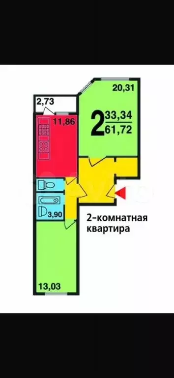 2-к. квартира, 61 м, 2/16 эт. - Фото 0