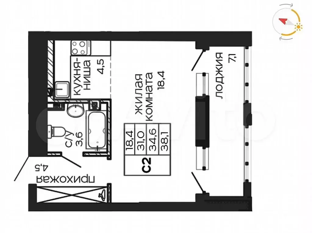 Квартира-студия, 38,1м, 2/17эт. - Фото 1