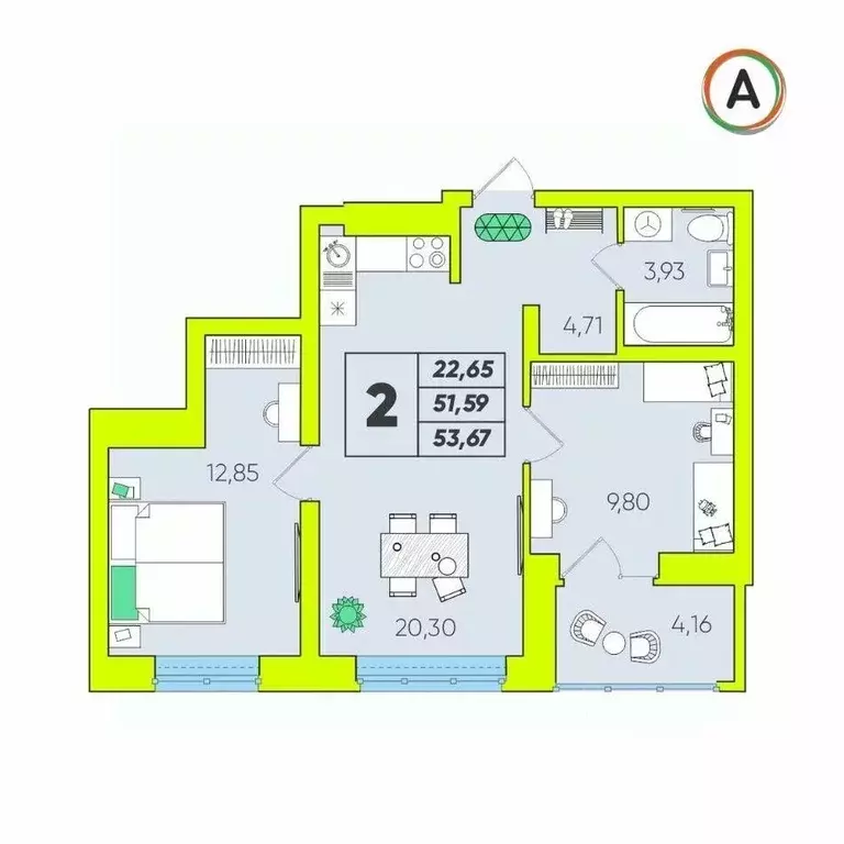 2-к кв. Калужская область, Калуга Зеленый жилой комплекс (53.67 м) - Фото 1