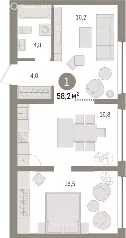 1-комнатная квартира: Тюмень, Мысовская улица, 26к1 (58.2 м) - Фото 1