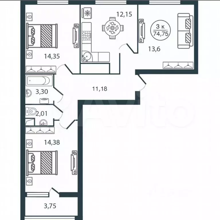3-к. квартира, 75 м, 2/12 эт. - Фото 0