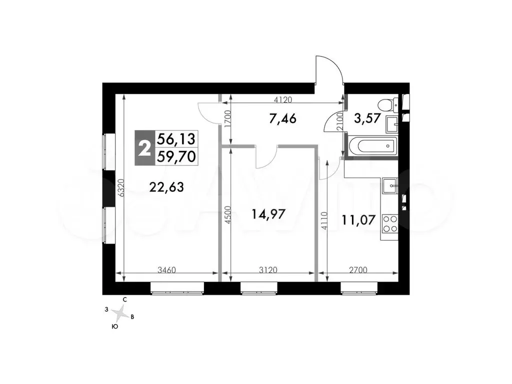 2-к. квартира, 58м, 1/4эт. - Фото 0