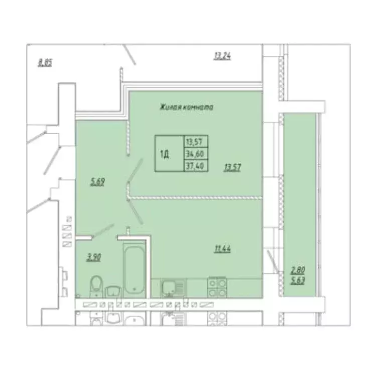 1-комнатная квартира: Осиново, улица Гайсина, 2 (37.4 м) - Фото 1