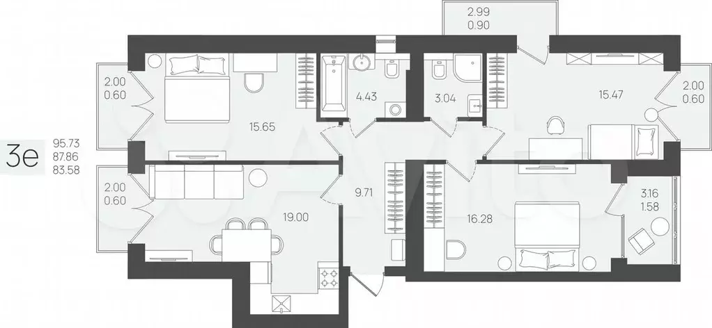 3-к. квартира, 85,2 м, 5/5 эт. - Фото 1