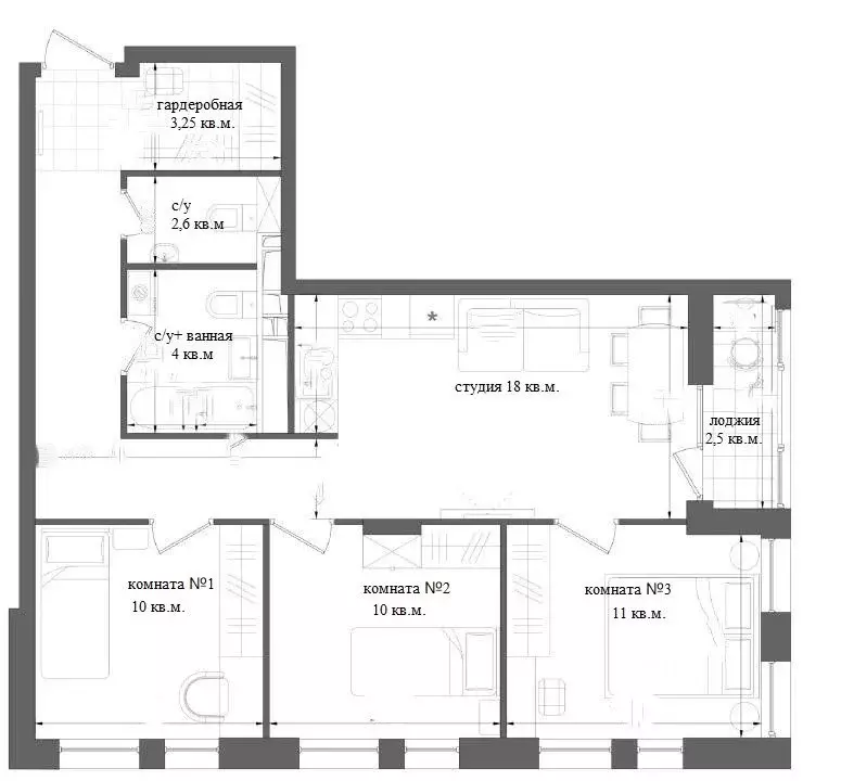 4-к кв. Москва просп. Прокшинский, 12 (67.0 м) - Фото 2