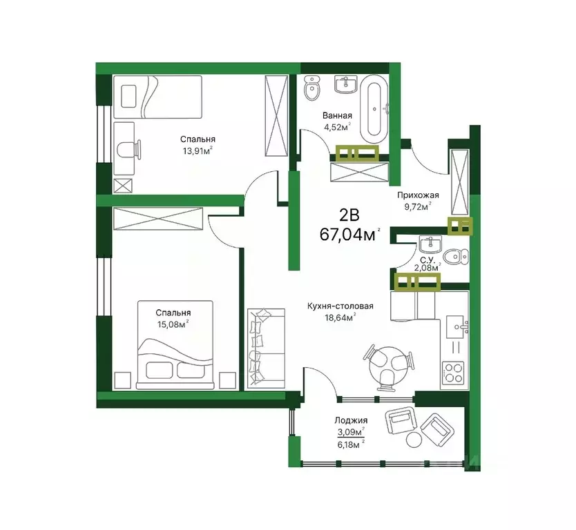 2-к кв. Самарская область, Тольятти 11А кв-л,  (67.26 м) - Фото 0