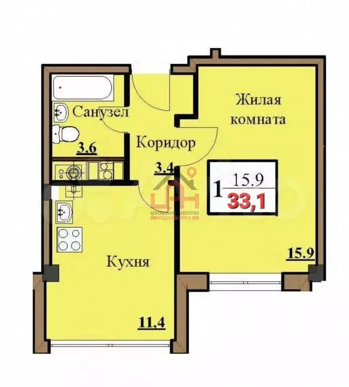 1-к. квартира, 33,1 м, 5/5 эт. - Фото 0