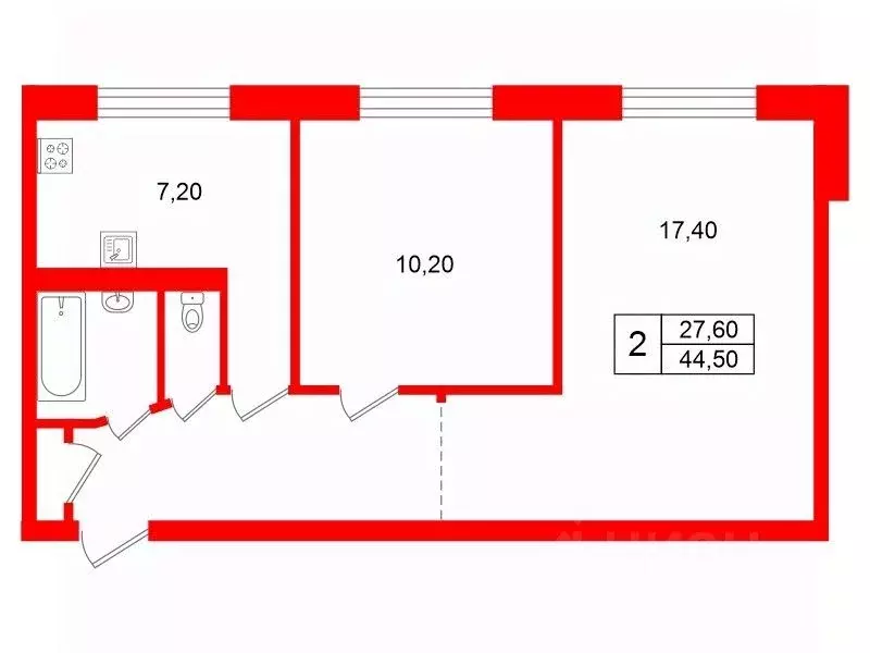 2-к кв. Санкт-Петербург ул. Белы Куна, 25 (44.5 м) - Фото 2