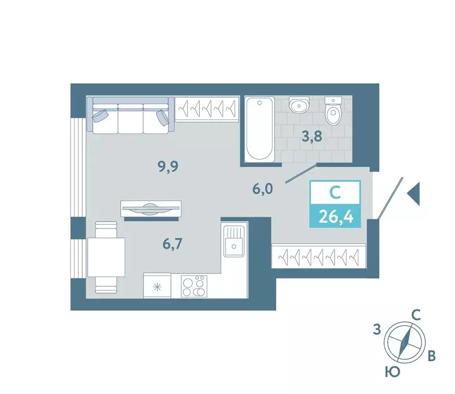 Студия Тюменская область, Тюмень Айрис жилой комплекс (26.4 м) - Фото 1