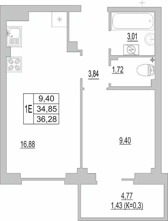 1-к кв. Псковская область, Псков ул. Юности, 32 (35.9 м) - Фото 1