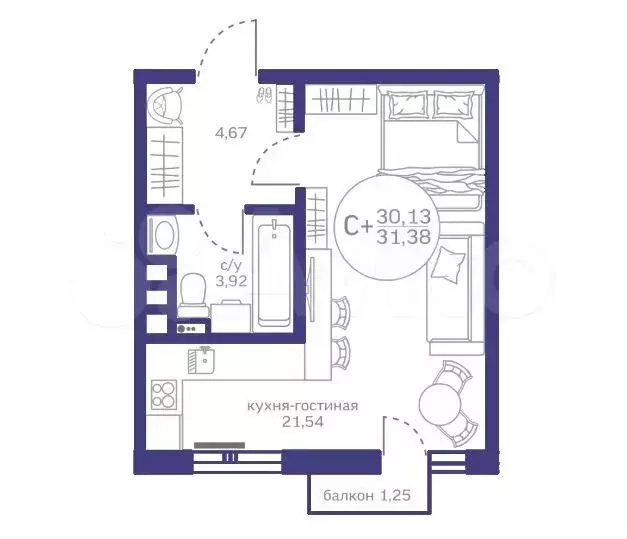 Квартира-студия, 30,1 м, 5/17 эт. - Фото 1