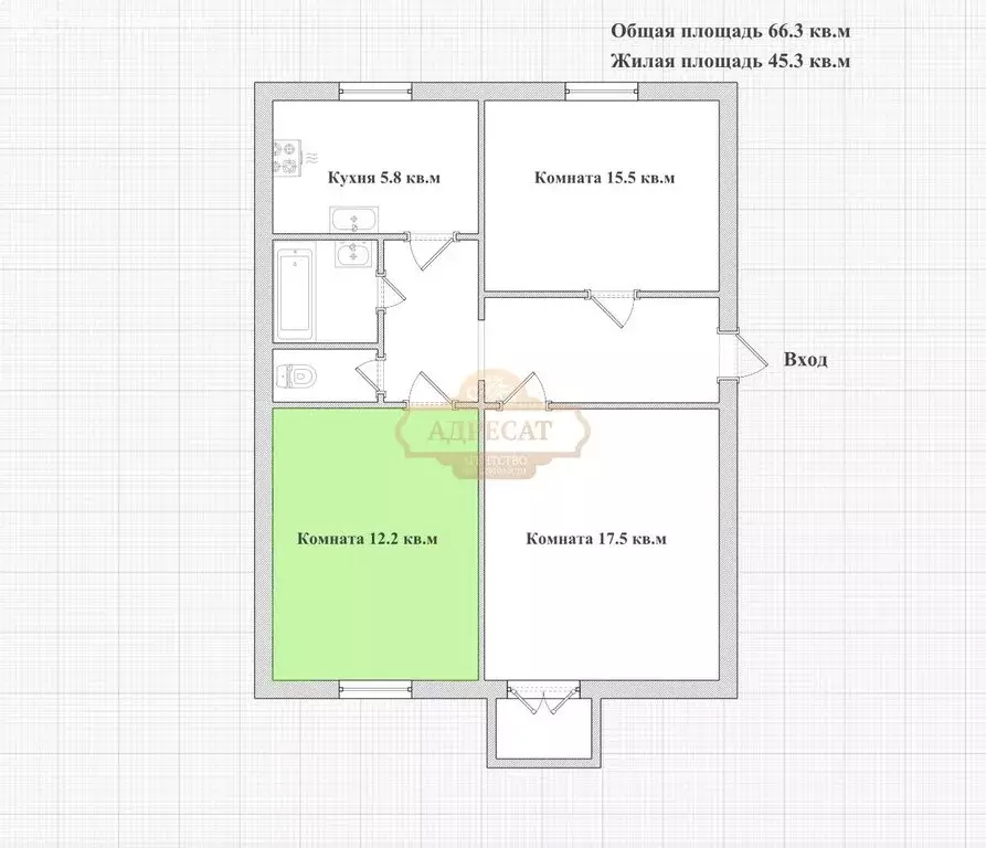 1к в 3-комнатной квартире (12.2 м) - Фото 2