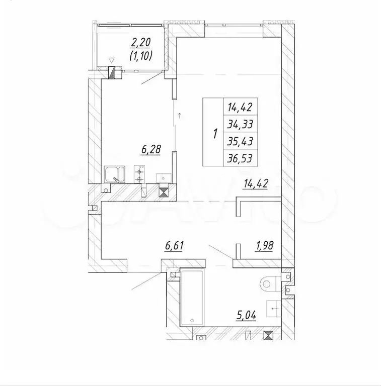 1-к. квартира, 35,4 м, 3/4 эт. - Фото 1