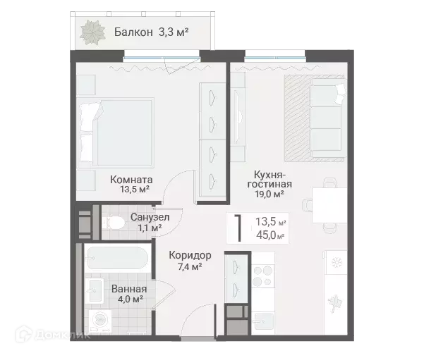 Продаётся 1-к квартира, 45 м - Фото 0