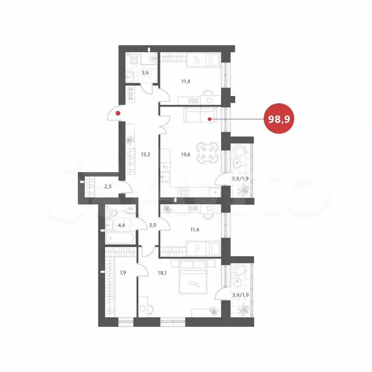 3-к. квартира, 98,8 м, 3/4 эт. - Фото 0