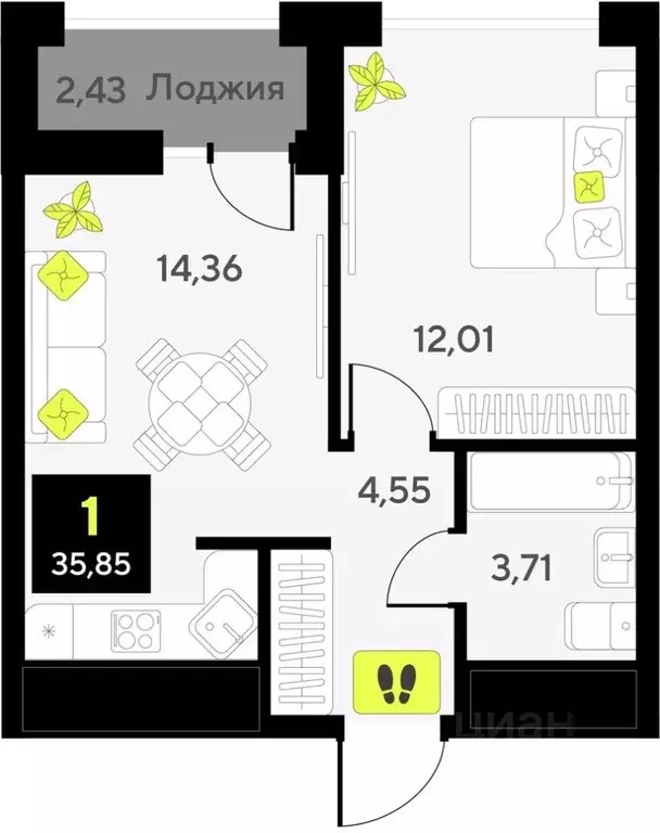 1-к кв. Тюменская область, Тюмень ул. Андрея Приказнова, 1 (35.85 м) - Фото 0