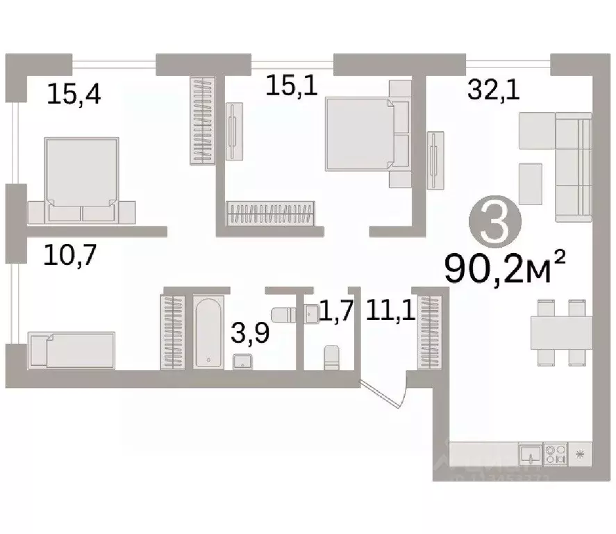 3-к кв. Тюменская область, Тюмень Полевая ул., 117к5 (90.2 м) - Фото 1