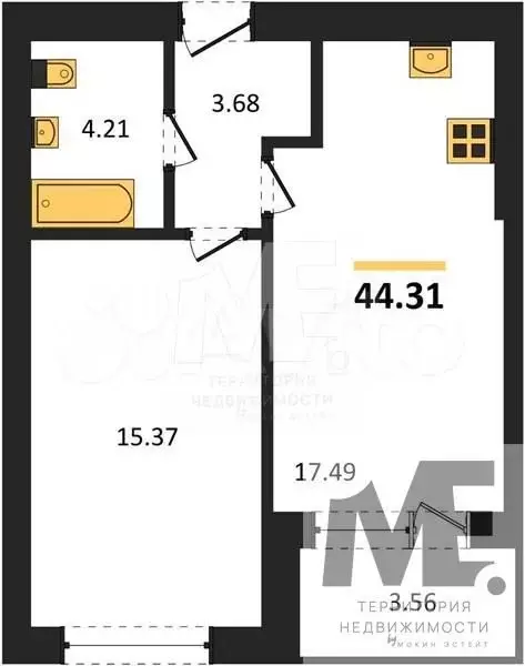 1-к. квартира, 44,3 м, 4/5 эт. - Фото 0