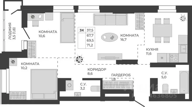 3-к кв. Алтайский край, Барнаул тракт Павловский, 251Б (69.5 м) - Фото 1