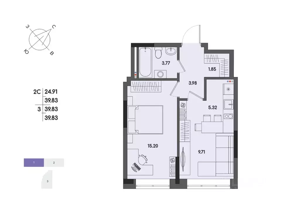 2-к кв. Удмуртия, Ижевск ул. Джамбула, 83 (39.83 м) - Фото 1