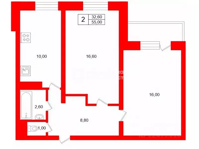 2-к кв. Санкт-Петербург ул. Композиторов, 7 (55.0 м) - Фото 2