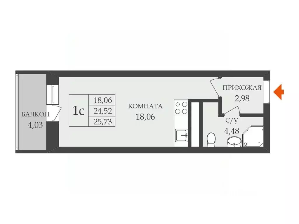 Студия Санкт-Петербург Новолитовская ул., 12 (24.2 м) - Фото 1