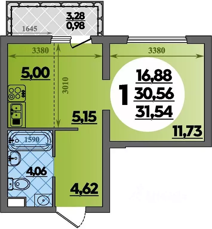 Студия Адыгея, Майкоп  (31.54 м) - Фото 1