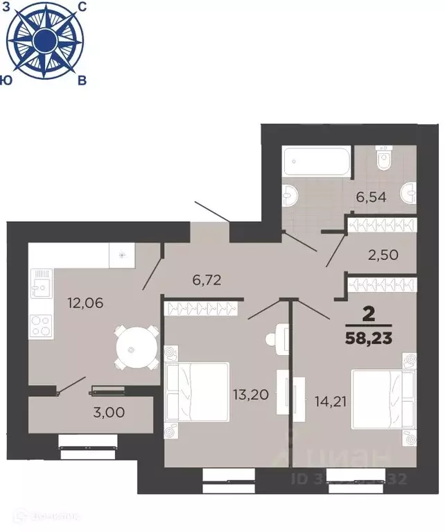 2-к кв. Рязанская область, Рязань ул. Семчинская, 11к2 (58.23 м) - Фото 0