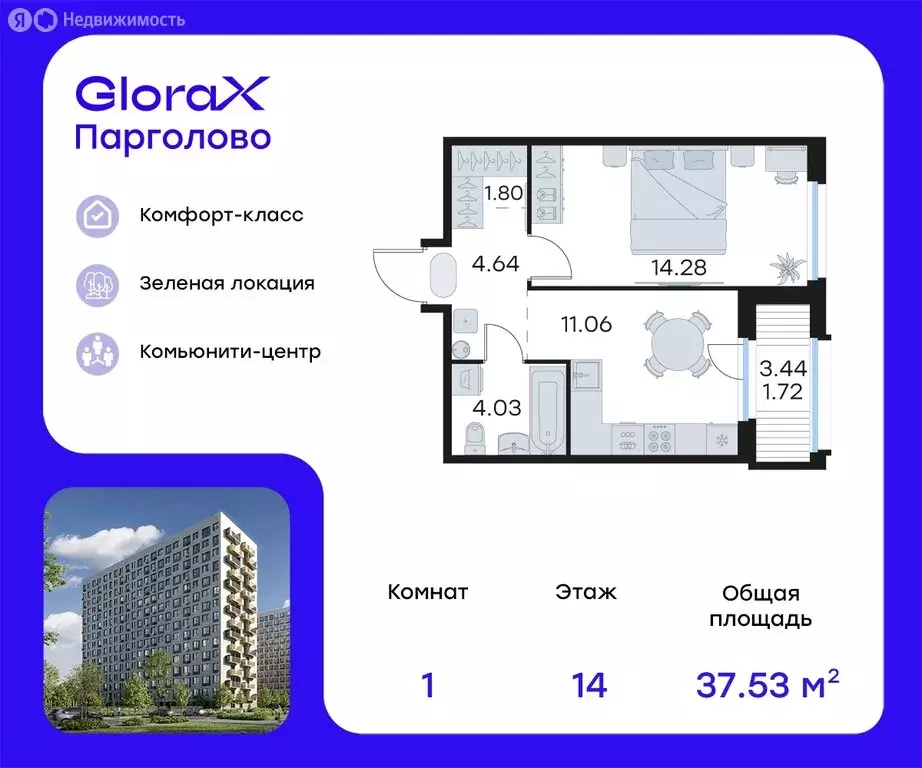 1-комнатная квартира: Санкт-Петербург, посёлок Парголово, жилой ... - Фото 0