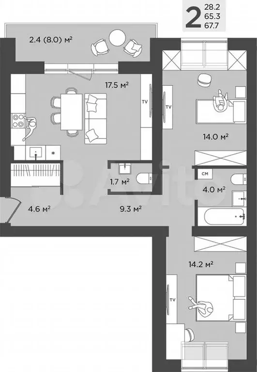 2-к. квартира, 67,7 м, 4/4 эт. - Фото 1