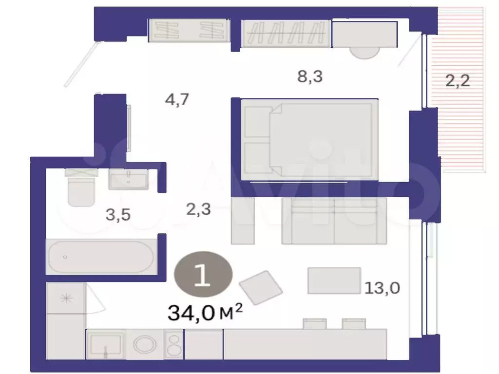 1-к. квартира, 34 м, 7/25 эт. - Фото 1