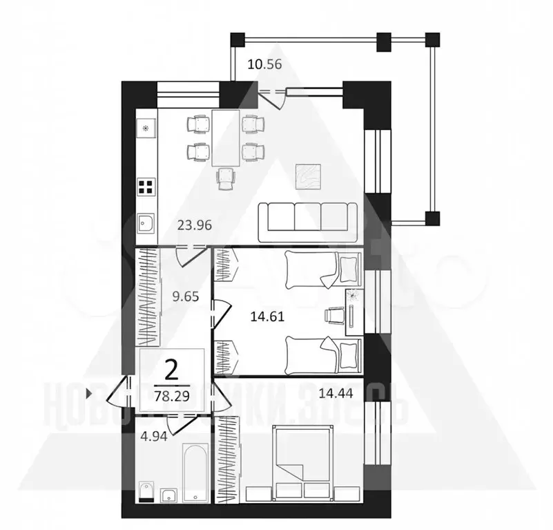 2-к. квартира, 78,3м, 2/7эт. - Фото 1