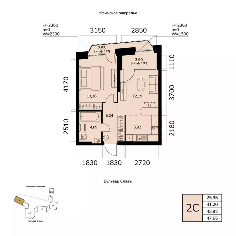 2-к кв. Башкортостан, Уфа ул. Чудинова (43.92 м) - Фото 1