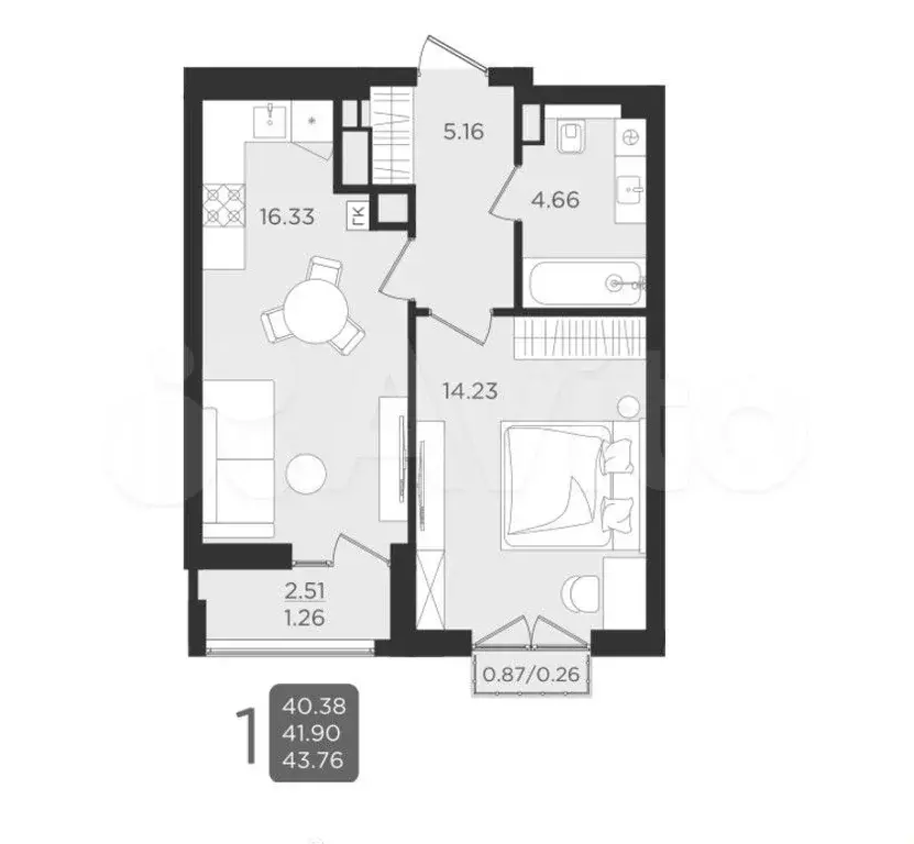 1-к. квартира, 42,1 м, 9/9 эт. - Фото 1