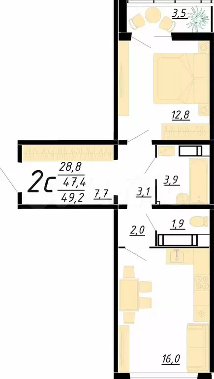 1-к. квартира, 48,7 м, 3/21 эт. - Фото 0